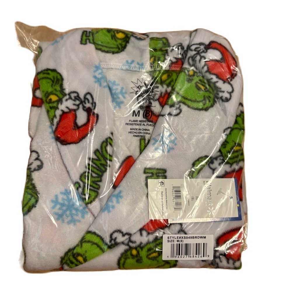 Dr. Seuss Grinch Red Green White Holiday Kids Robe NEW Medium 8 Christmas Fleece